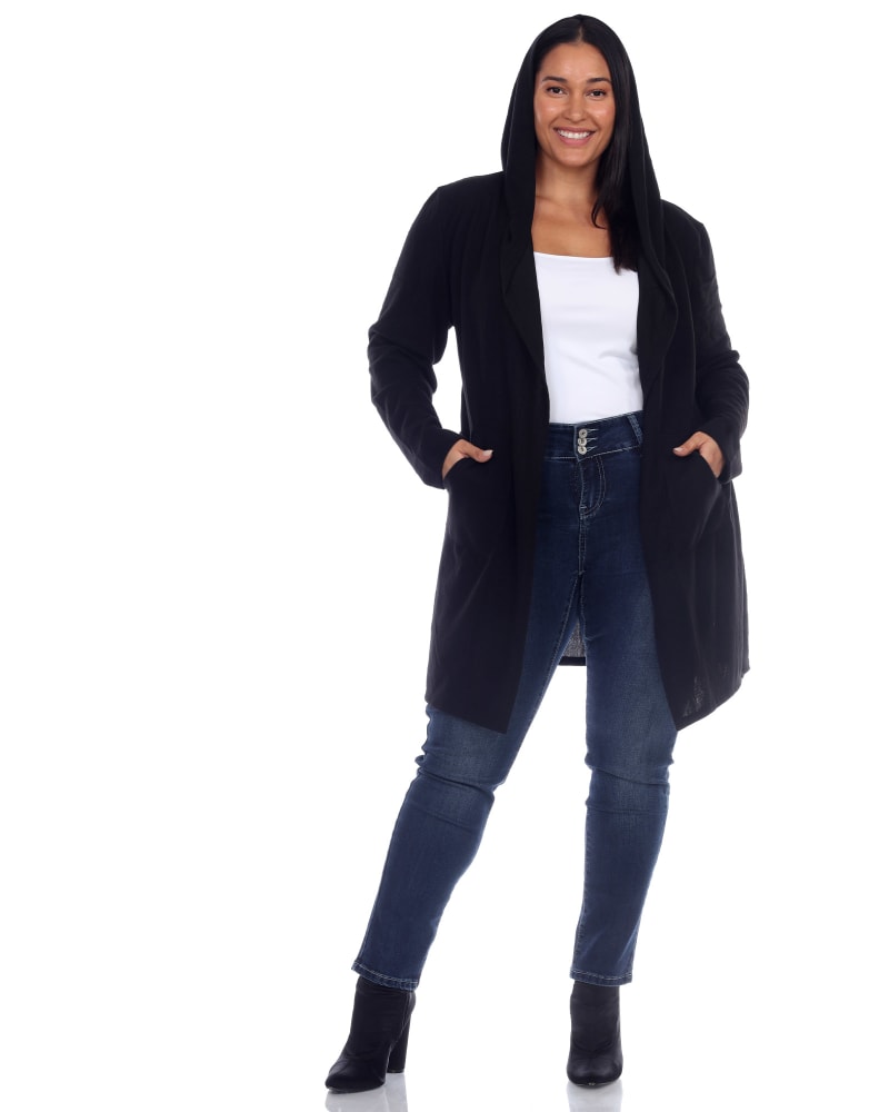 Front of a model wearing a size One Size Plus Womens North Cardigan in Black by White Mark. | dia_product_style_image_id:246404